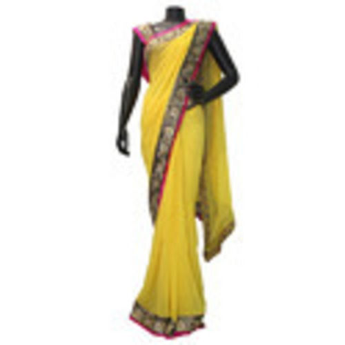 Cotton Silk Easy To Drape And Glossy Ladies Banarasi Yellow Saree With Blouse Half Sleeves