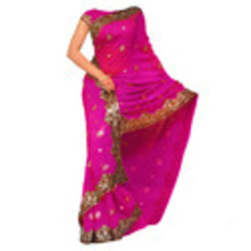 Ethnic Embroidery And Cut Work Lace Ladies Banarasi Pink Silk Saree With Blouse Half Sleeves