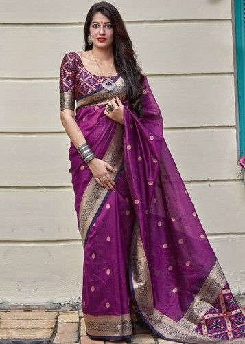 Cotton Silk Eye Catching Embroidery And Prints.Ladies Banarasi Purple Saree With Blouse Half Sleeves