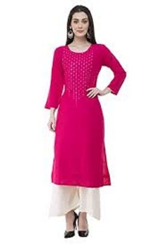 100% Pure Cotton Pink Kurti For Ladies With Full Sleeves Bust Size: 38 Inch (In)