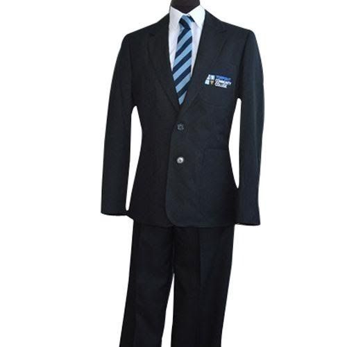 Institution Uniform Of Dark Blue Colour Blazer And Trouser With White Colour Shirt And Tie With White And Blue Colour