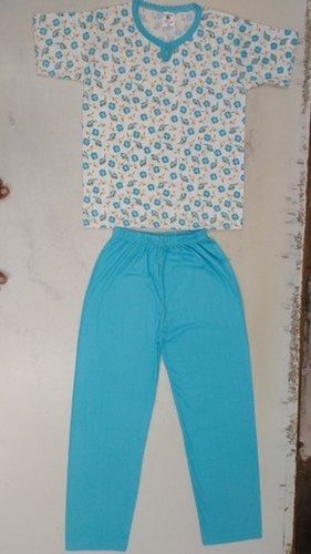 Woolen Ladies Night Top With White Colour And Blue Colour Dots All Over And Pant In Blue Colour