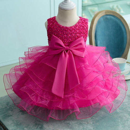 Silk Multi Layered Kids Party Frock Pink Colour With Bow In Hip Area And Has Self Embroidery at Best Price in Tiruchengode R T Traders