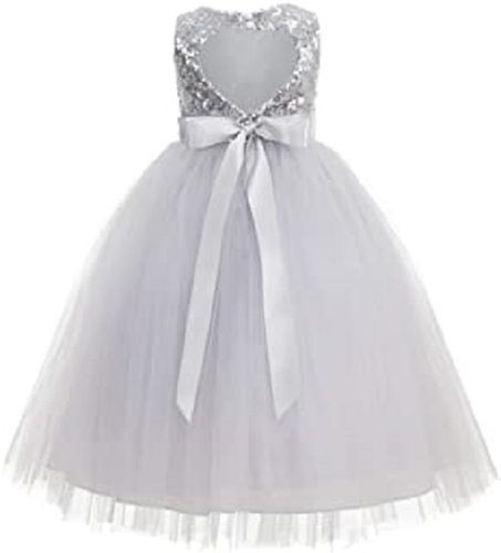 Party Wear Neck Embroidery Silver Colour Glossy Sleeveless Girls Frocks Decoration Material: Laces