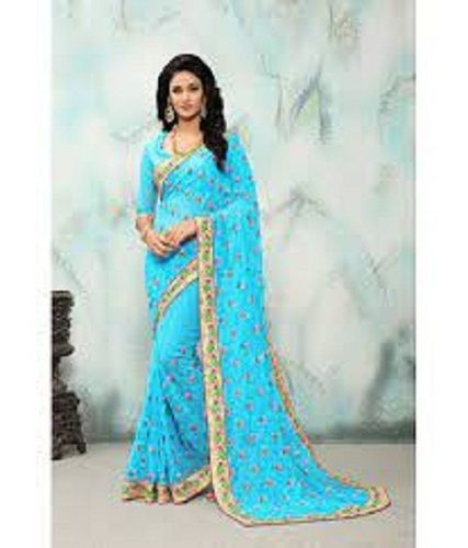 Cotton Sky Blue Banarasi Printed Silk Saree For Ladies With Blouse Piece Set