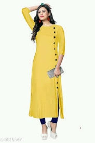 Yellow Color Ladies Kurtis With Full Sleeves And Side Buttons