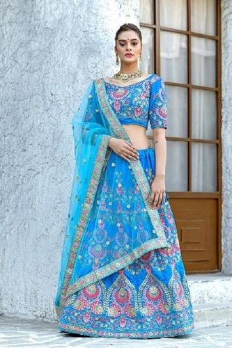 Indian Ladies Olympic Blue Wedding Wear Embroidered Velvet Lehenga Choli