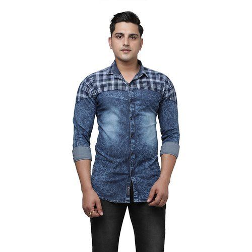 Mens Blue Regular Fit Full Sleeves Party Wear Checked Denim Shirts Age Group: 18-45 Years