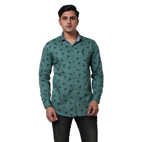 Mens Green Regular Fit Full Sleeves Casual Wear Cotton Printed Shirts
