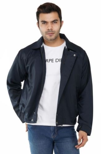 Windproof And Weather Proof Mens Winter Jacket With Full Sleeves In Navy Blue Color