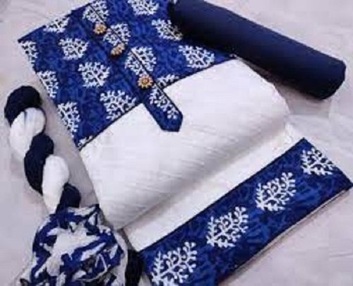 Blue And White Color Casual Cotton Chikan Printed Dress Material For Ladies