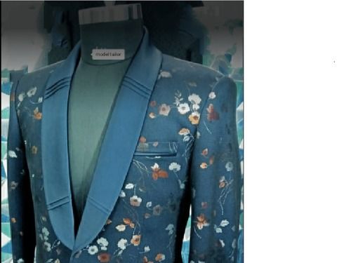 Blue Printed Mens Party Wear Cotton Tuxedo Suits With Elegant Design And Lapel Collar