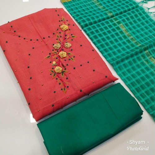 Cotton Embroidered Salwar Material In Red And Green Color With Floral Neck Designs