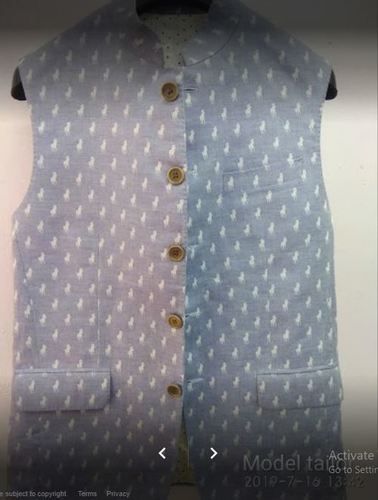 Washable Double Breasted Easy To Wear And Unique Design Mens Printed Grey Cotton Nehru Waistcoat