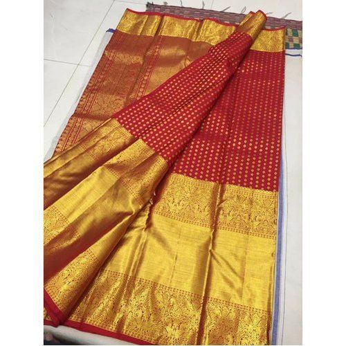 Designer Plain Pattern Red And Golden Colour Bridal Silk Saree