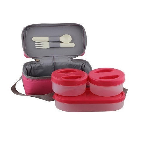 Red Highly Durable And Handy 3 Plastic Tiffin Boxes With Tiffin Bag