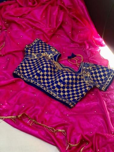 Magenta Pink Colour Fashion Silk Embroidered Work Saree With Blue Colour Blouse