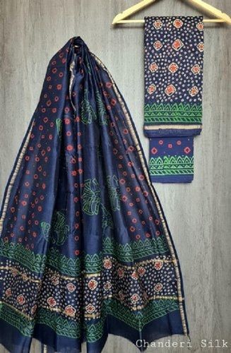 Blue And Green Color Printed Pattern Ladies Chanderi Silk Suit For Casual And Regular Wear