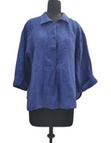 Plain Blue Linen Fabric Designer Women Full Sleeve Ladies Top For Casual Wear