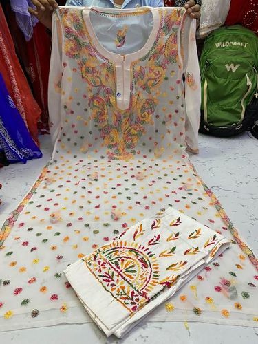 Cotton Embroidered Full Sleeve Ladies Kurti - Free Size, Ivory White with Round Neck Design, Ideal for All Occasions