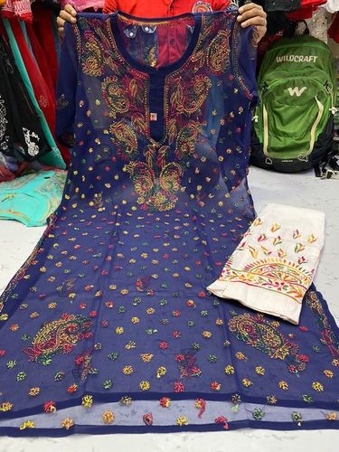 Anarkali Salwar Suit - Cotton Fabric, XXL Size, Royal Blue Color | Embroidered Floral Print, Half and Half Sleeves, Summer Wear