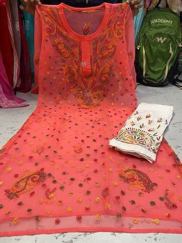 Casual Cotton Kurti - XXL, Peach Color with Scalloped Embroidery and Full Sleeves | Soft Touch, Washable, Fashionable for All Seasons