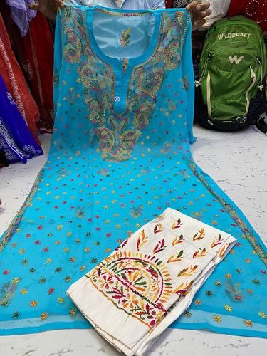 Elegant Rajasthani Hand Block Print Suit - Cotton Silk, XXL Size, Blue Color | Floor-Length, Sleeveless, Intricate Embroidery, Summer Wear