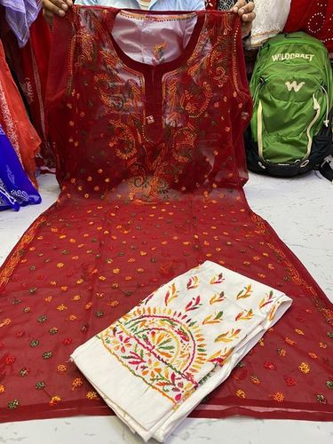 Royal Red Cotton Full Sleeve Regular Fit Kurti - XXL Size, Embroidered, Summer Wear, Cool Pass, Dry Clean, No Fade, Washable