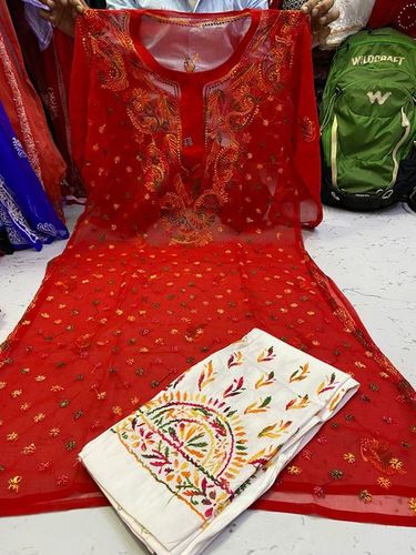 Ladies Red Casual Embroidery Cotton Suit - Cotton Silk XXL Vibrant Red | Full Sleeves Embroidery Detail Comfortable Relaxed Fit Easy to Wear