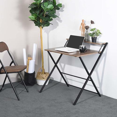 Scissors Type Brown Folding Laptop Study Table, Computer Desk With Adjustable Shelf Space