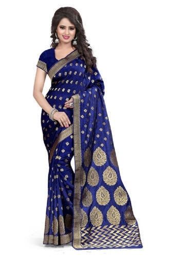 Summer Casual Wear Blue Color Designer Printed Ladies Silk Saree With Blouse Piece Set