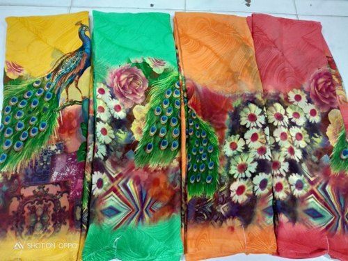 Cotton Silk Pecock And Flower Printed Pattern Designer Georgette Saree For Ladies