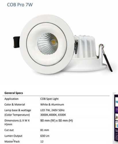 White Colour Round Shape Aluminum Led Cob Spot Light, 7w, 240v/50hz