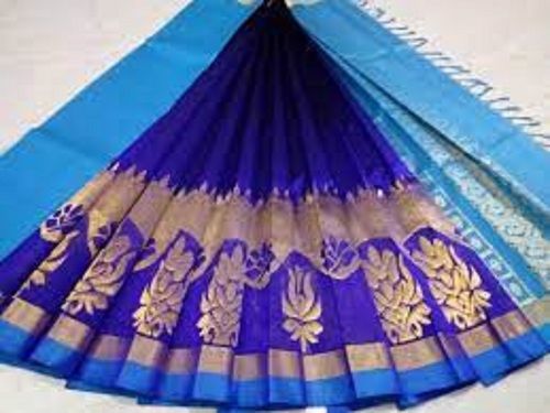 Rainy Blue And Golden Color Printed Designer Ladies Sarees With Cotton Silk Materials