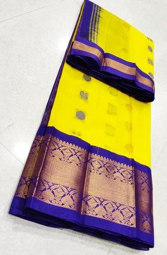 Printed Party Wear Stylish Design Ladies Sarees With Cotton Silk Fabric And Yellow And Blue Color 