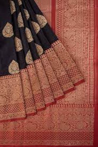 Cotton  Red And Black Colour Banarasi Silk Saree With Blouse Piece For Elegant Look