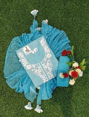  Regular Wear Sky Blue Color Cotton Suit with Cotton Bottom and Chiffon Dupatta For Ladies