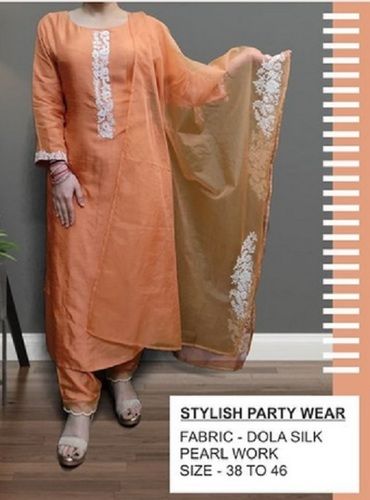 Pink Dola Silk Stitched Stylish Pearl Work Orange Color Party Wear Suit For Ladies