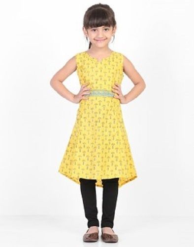 Washable Girls Sleeveless Round-Neck Casual Wear Yellow Printed Kurti