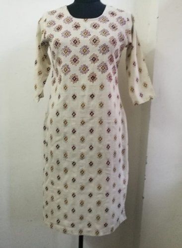 Round Neck Cream And Brown Colour Cotton Kurta With 3/4th Sleeves