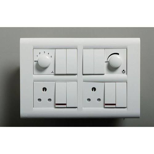 Plastic White Color Electrical Switch With 2 Three Pin Sockets And 2 Regulator