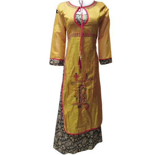 No Fade Yellow Colour Kurti With Pink Colour Embroidery From Neck To Bottom And In Borders With 3/4Th Sleeve.