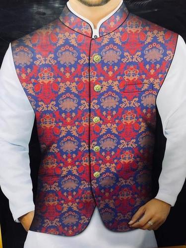 Cotton Multicolour Printed Round Neck Bottom Sleeveless Ethnic Style Nehru Jacket For Mens