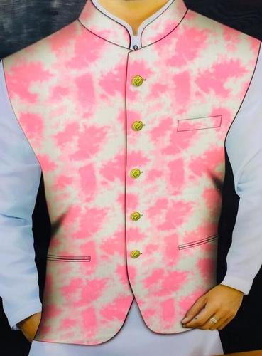 Printed Cotton Round Neck Bottom Pink And White Colour Sleeveless Nehru Style Jacket For Mens