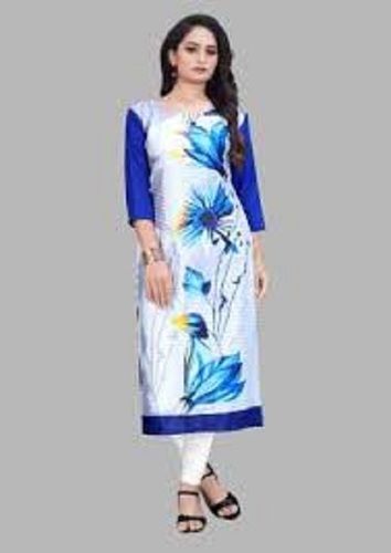 Blue And White Straight Crepe Ladies Kurta With Printed Floral Pattern Decoration Material: Beads