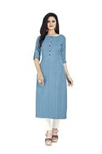 Breathable Ethnic Style Sky Blue Pure Cotton Ladies Kurti For Casual Wear