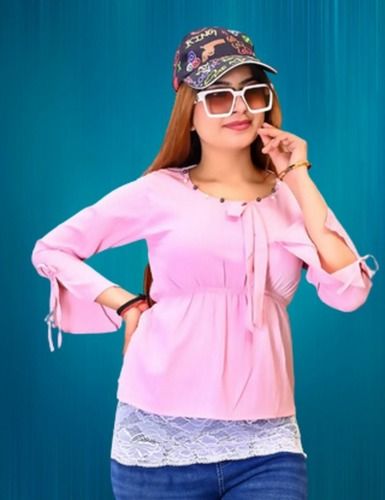 Charming And Stylish 100% Cotton Pink Colour Ladies Top Full Sleeves O Neck