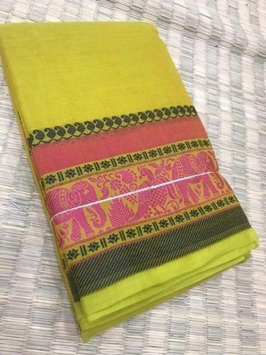 Plain Formal Wear Traditional Green And Blue Colour Cotton Silk Saree With Mixed Colour Border