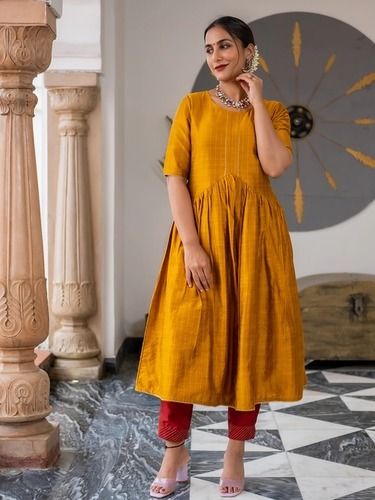 Breathable Ladies A Line Gota Lace Front Placket Elbow Sleeves Mustard Chanderi Checks Kurta