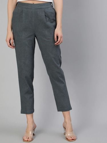 Ladies Slim Fit 2 Side Pocket Bottom Slit Front Pleat Cotton Slub Charcoal Grey Pants